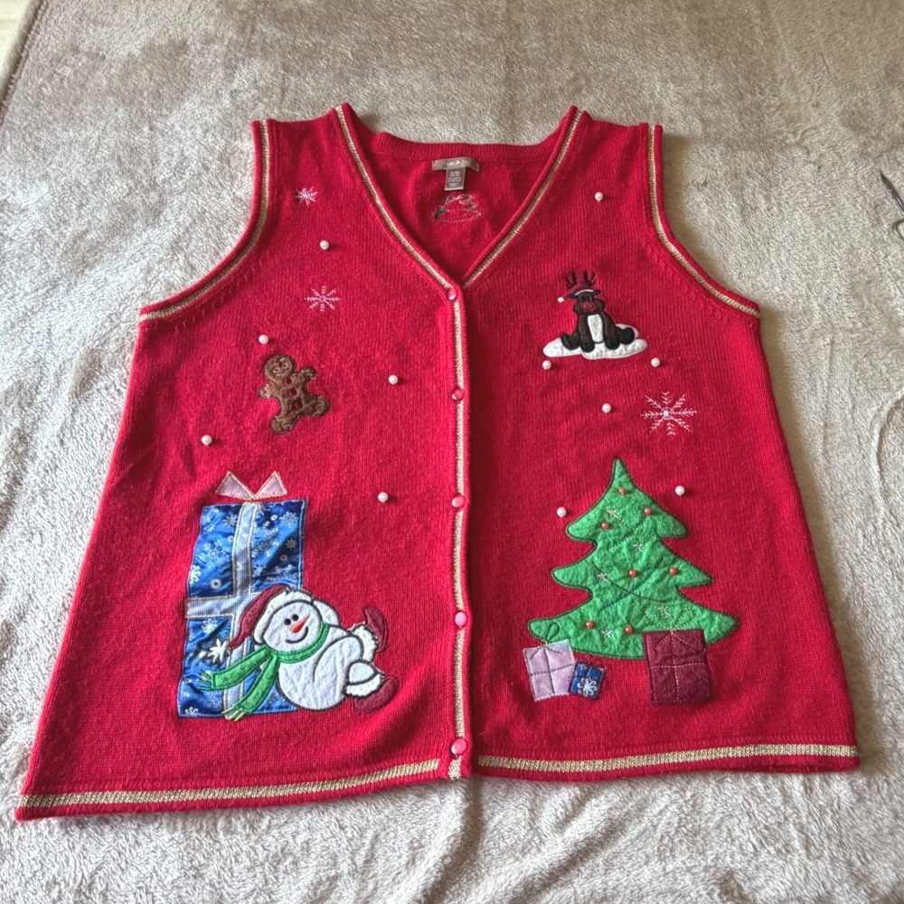 White Stag Womens XL Red Christmas Sweater Vest Snowman Reindeer Tree Holiday